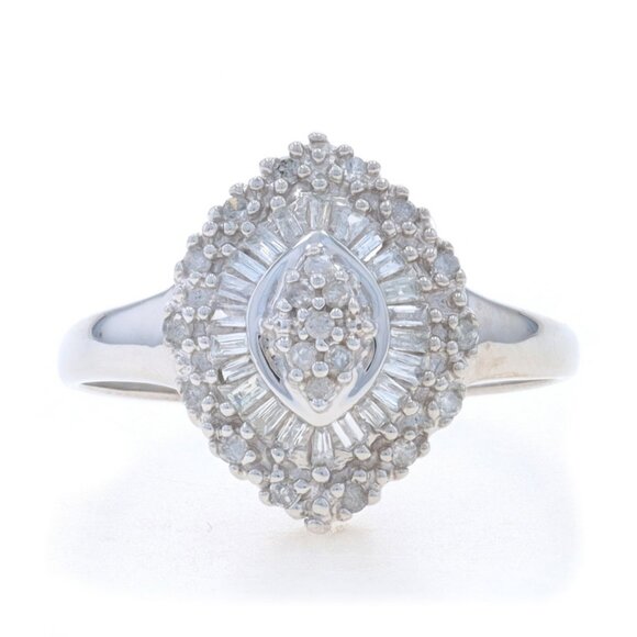 White Gold Single & Baguette Cluster Cocktail Halo Ring 10k .25ctw - Picture 1 of 6